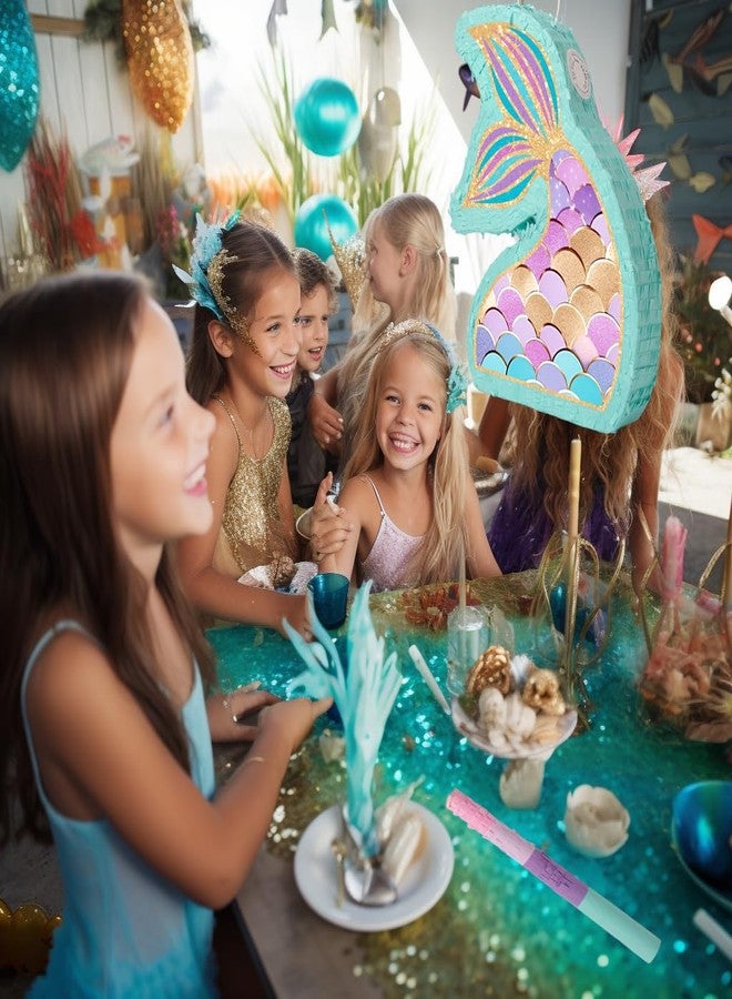 بيناتا ذيل حورية البحر - بيناتا حورية البحر مع عصابة للعينين ومضرب زينة لحفلات أعياد ميلاد البنات والأطفال ذات الطابع البحري (حجم صغير 17 بوصة × 12 بوصة × 3 بوصة) - Image 4